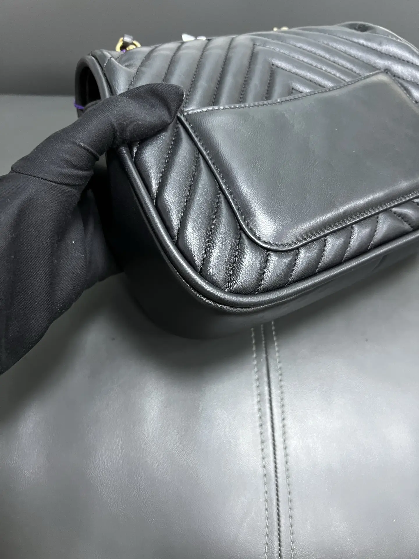 CHANEL Reversed Black Chevron Round Flap Bag CHANEL Reversed Black Chevron Round Flap Bag