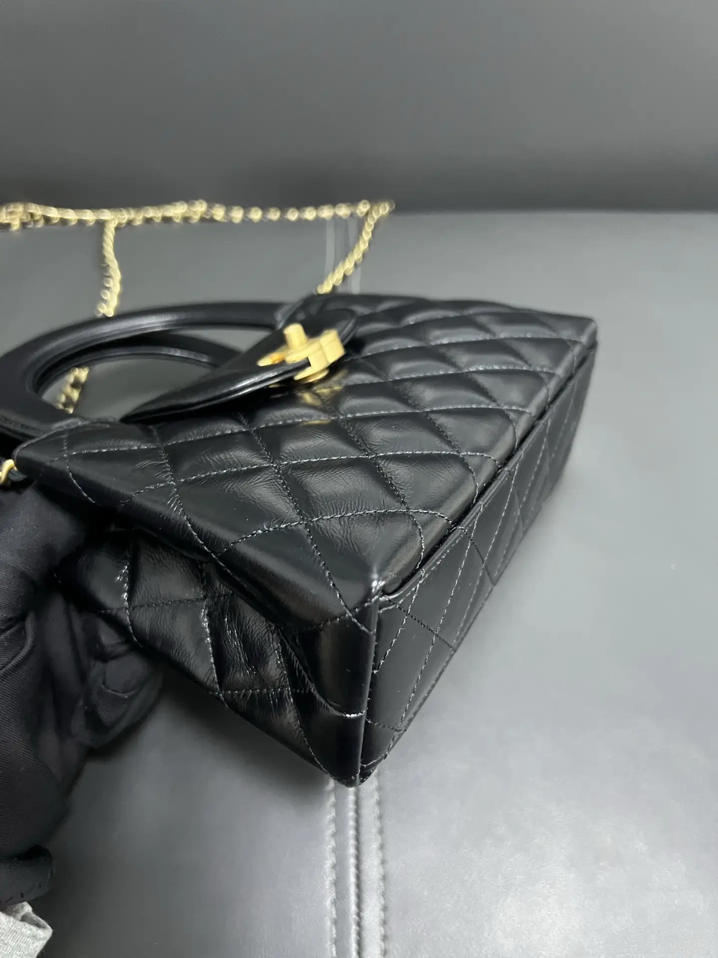 CHANEL Black Quilted Aged Calfskin Nano Kelly Bag Brushed Gold Hardware CHANEL Black Quilted Aged Calfskin Nano Kelly Bag Brushed Gold Hardware