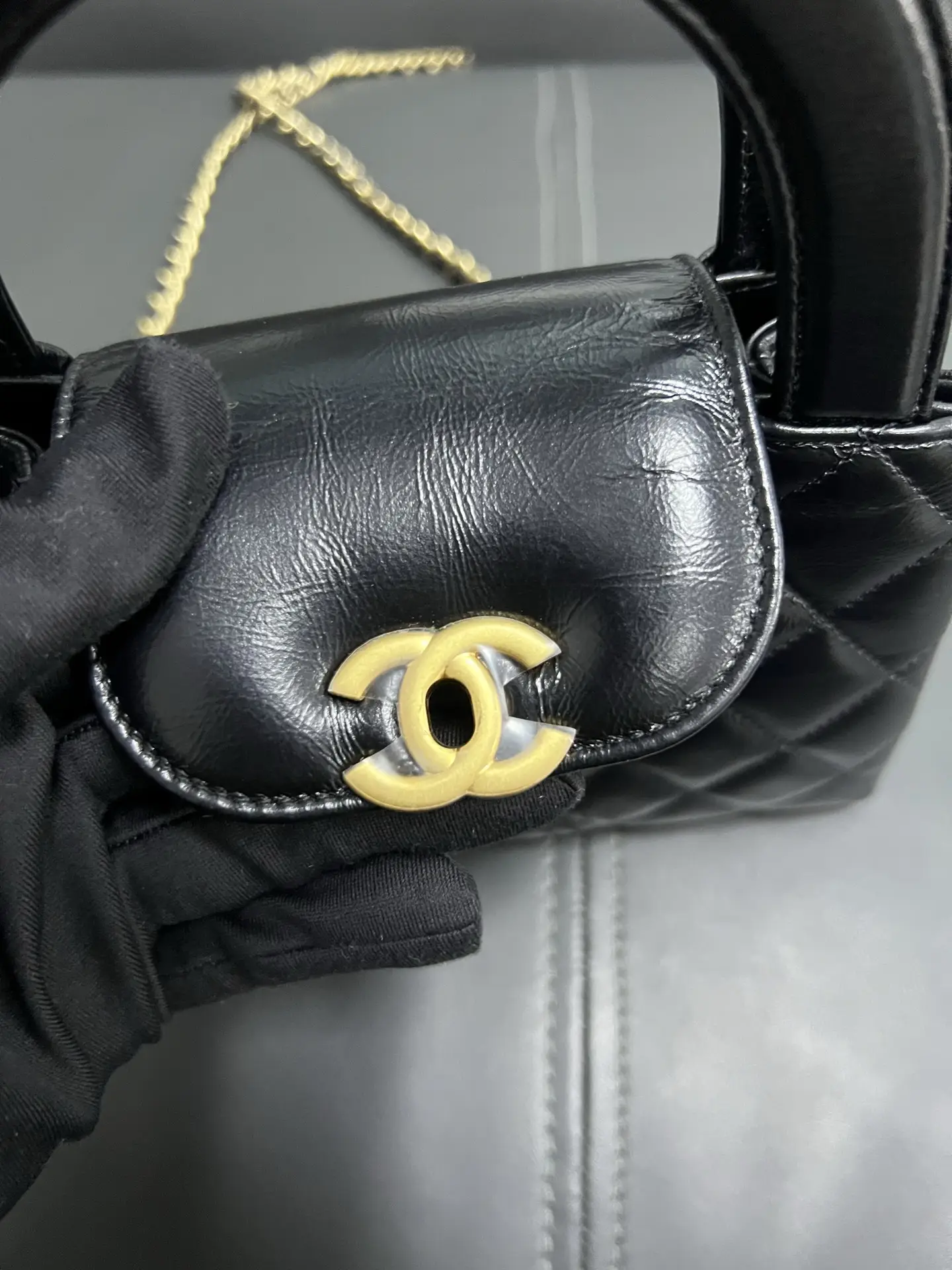 CHANEL Black Quilted Aged Calfskin Nano Kelly Bag Brushed Gold Hardware CHANEL Black Quilted Aged Calfskin Nano Kelly Bag Brushed Gold Hardware