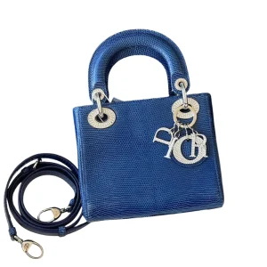 DIOR Lizard Swarovski Crystal Mini Lady Dior Blue Bag