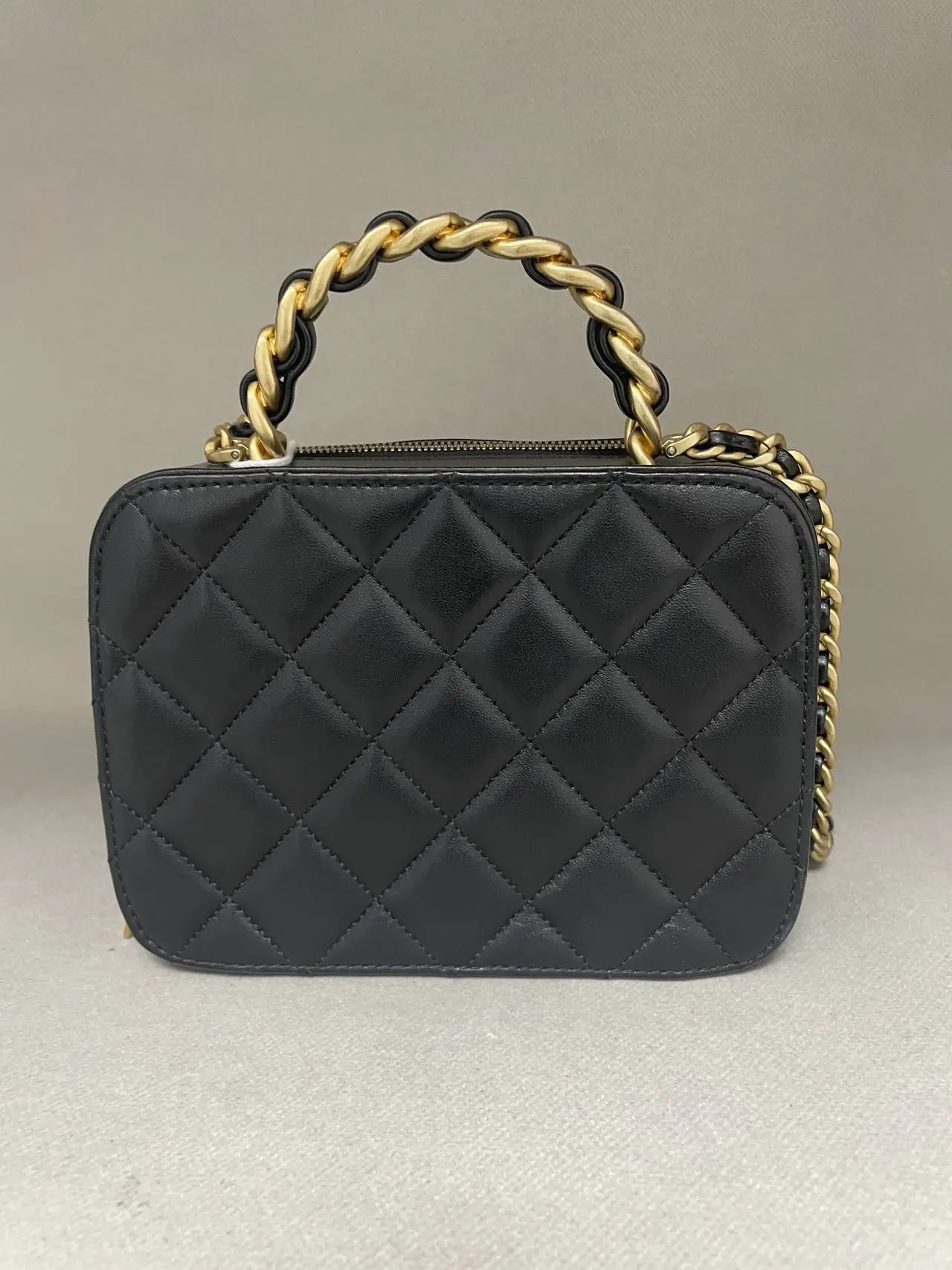 CHANEL Black Quilted Lambskin Vanity with Chain Brushed Gold Hardware CHANEL Black Quilted Lambskin Vanity with Chain Brushed Gold Hardware