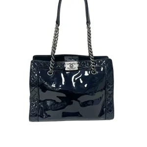 CHANEL Black Patent Leather Boy Reverso Tote Bag
