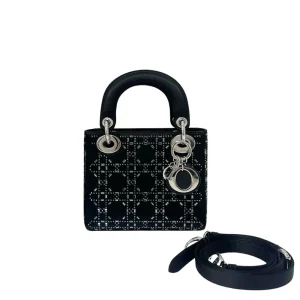 DIOR Mini Lady Dior Bag in Black Satin with Crystals