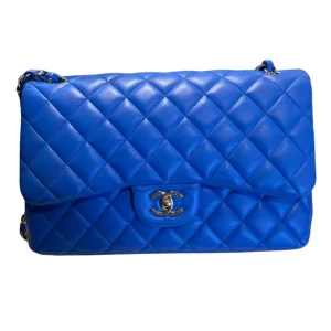 CHANEL Classic Flap Jumbo Handbag Blue Lambskin