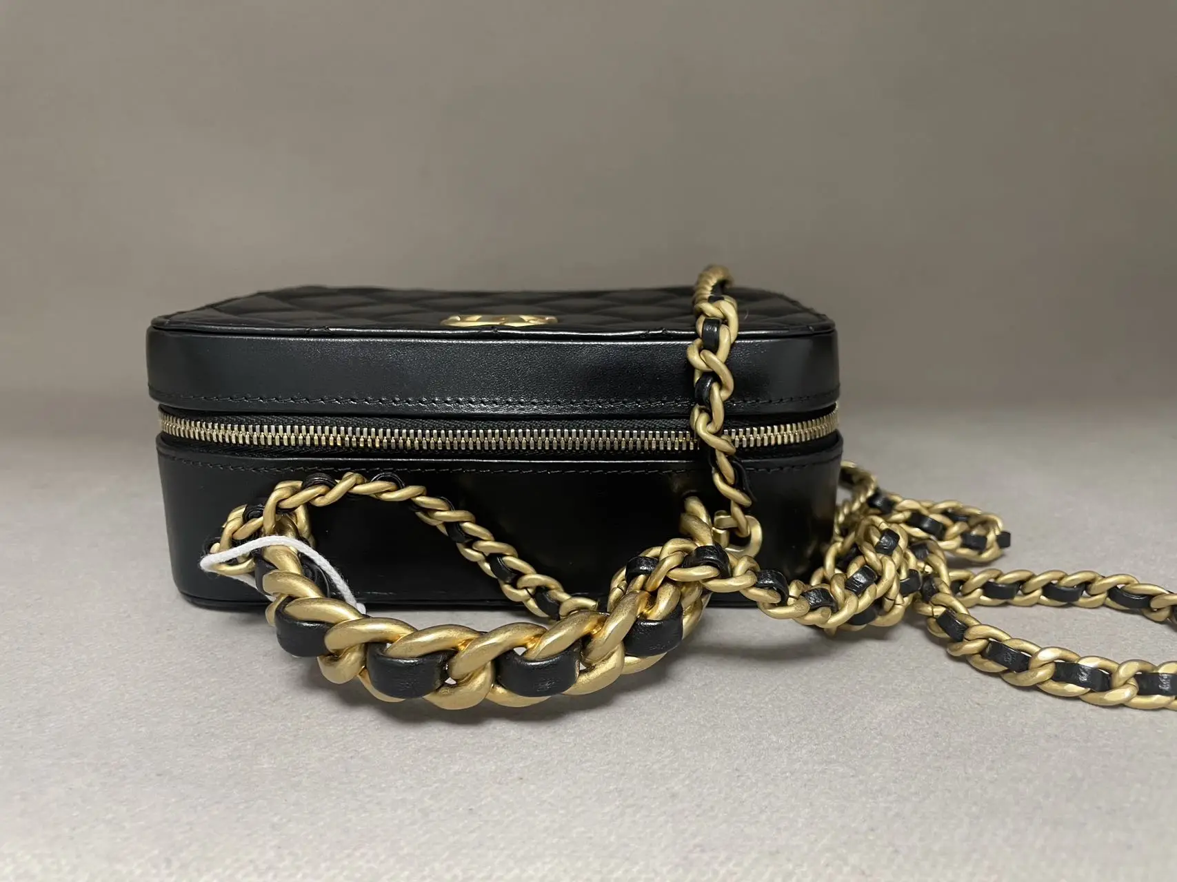 CHANEL Black Quilted Lambskin Vanity with Chain Brushed Gold Hardware CHANEL Black Quilted Lambskin Vanity with Chain Brushed Gold Hardware