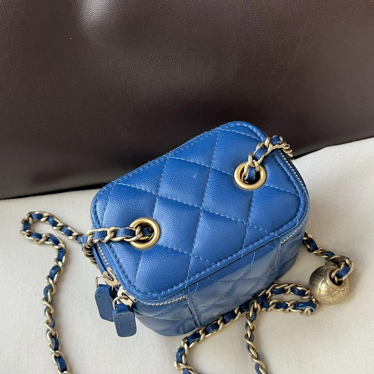 CHANEL Mini Vanity on Pearl Chain Blue Lambskin CHANEL Mini Vanity on Pearl Chain Blue Lambskin