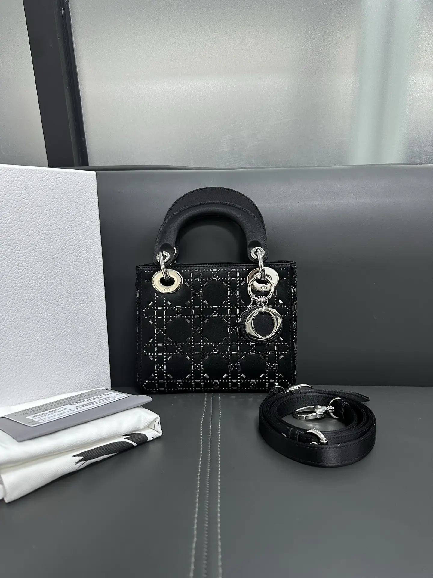 DIOR Mini Lady Dior Bag in Black Satin with Crystals DIOR Mini Lady Dior Bag in Black Satin with Crystals