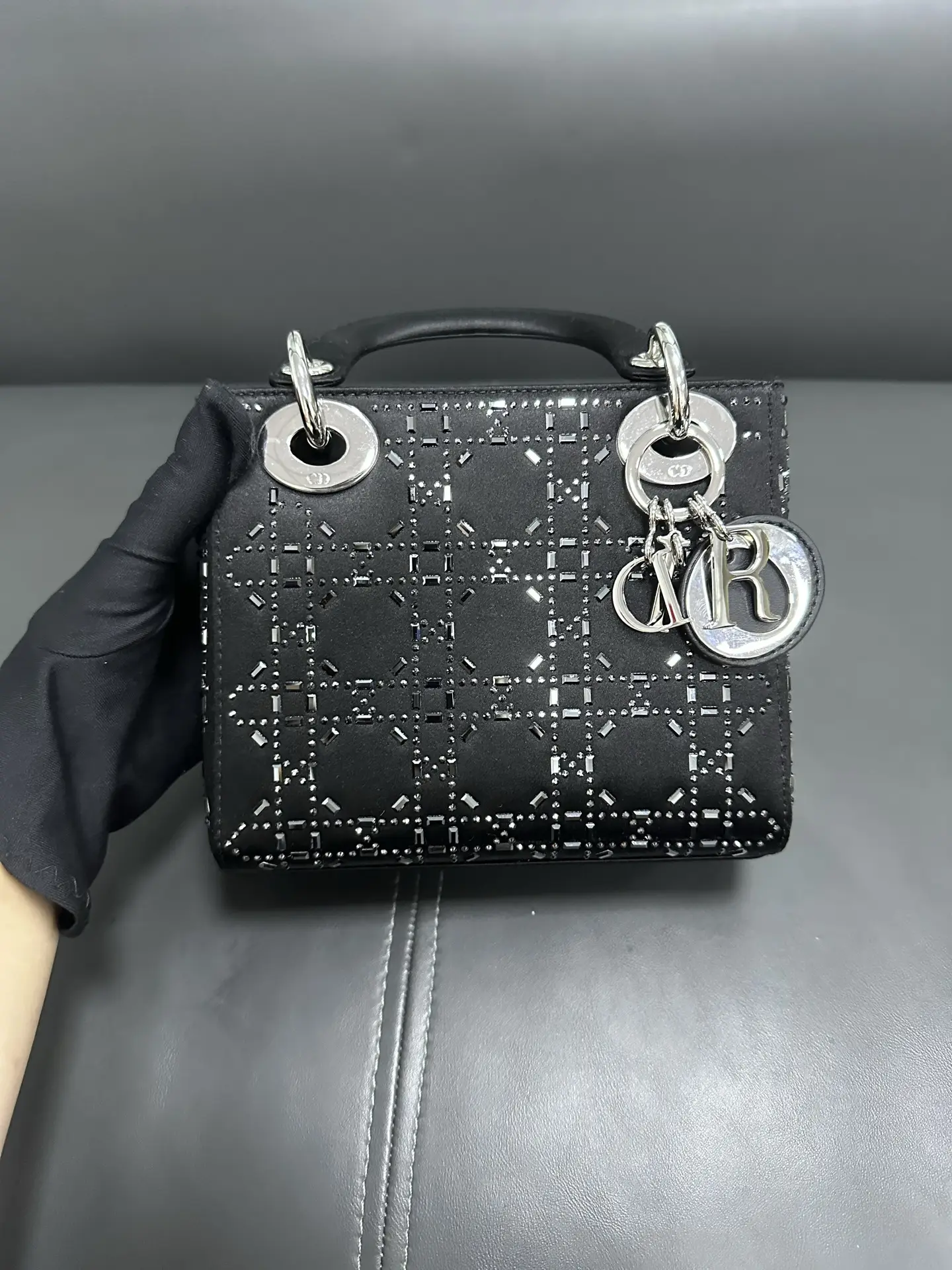 DIOR Mini Lady Dior Bag in Black Satin with Crystals DIOR Mini Lady Dior Bag in Black Satin with Crystals