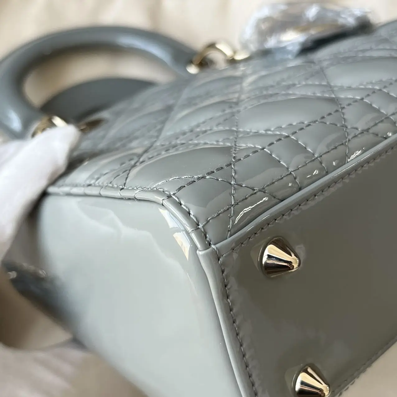 DIOR Small Lady Dior Bag Grey Patent Leather New DIOR Small Lady Dior Bag Grey Patent Leather New