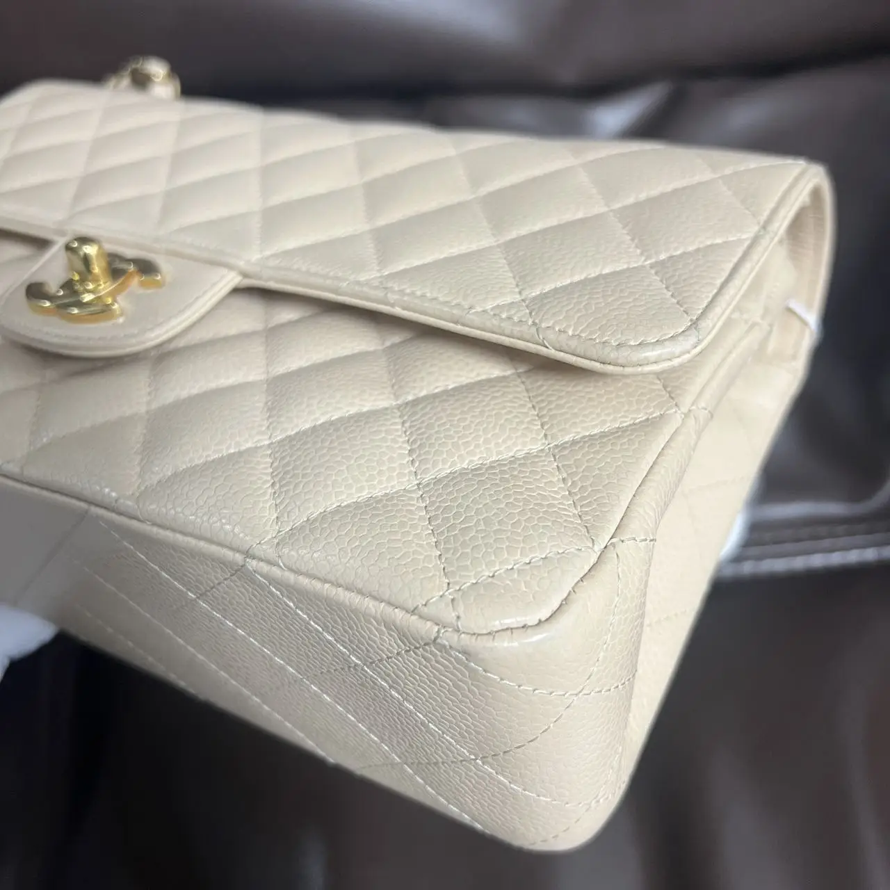 CHANEL Classic Flap Bag Beige Medium Caviar Leather CHANEL Classic Flap Bag Beige Medium Caviar Leather