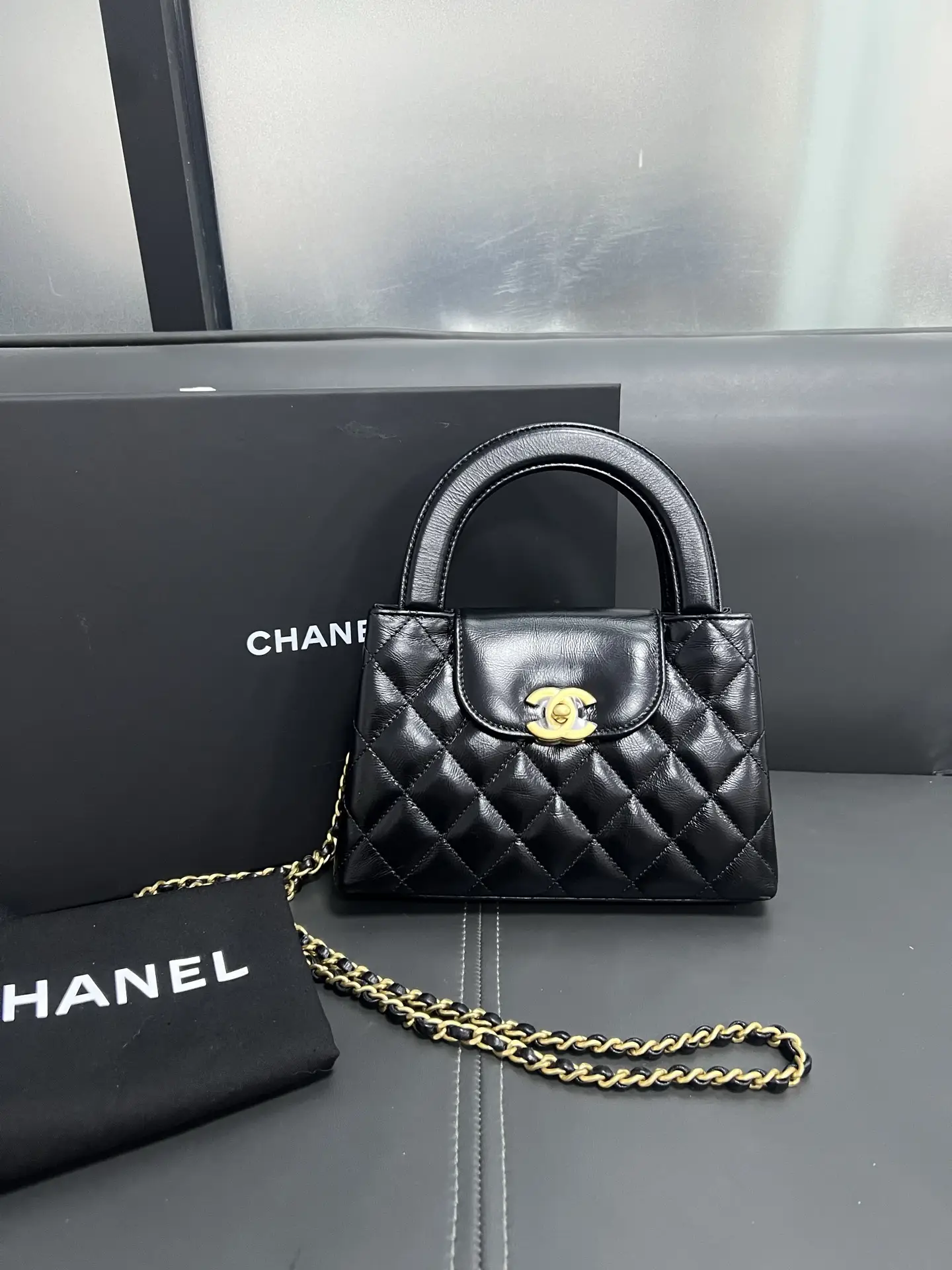 CHANEL Black Quilted Aged Calfskin Nano Kelly Bag Brushed Gold Hardware CHANEL Black Quilted Aged Calfskin Nano Kelly Bag Brushed Gold Hardware