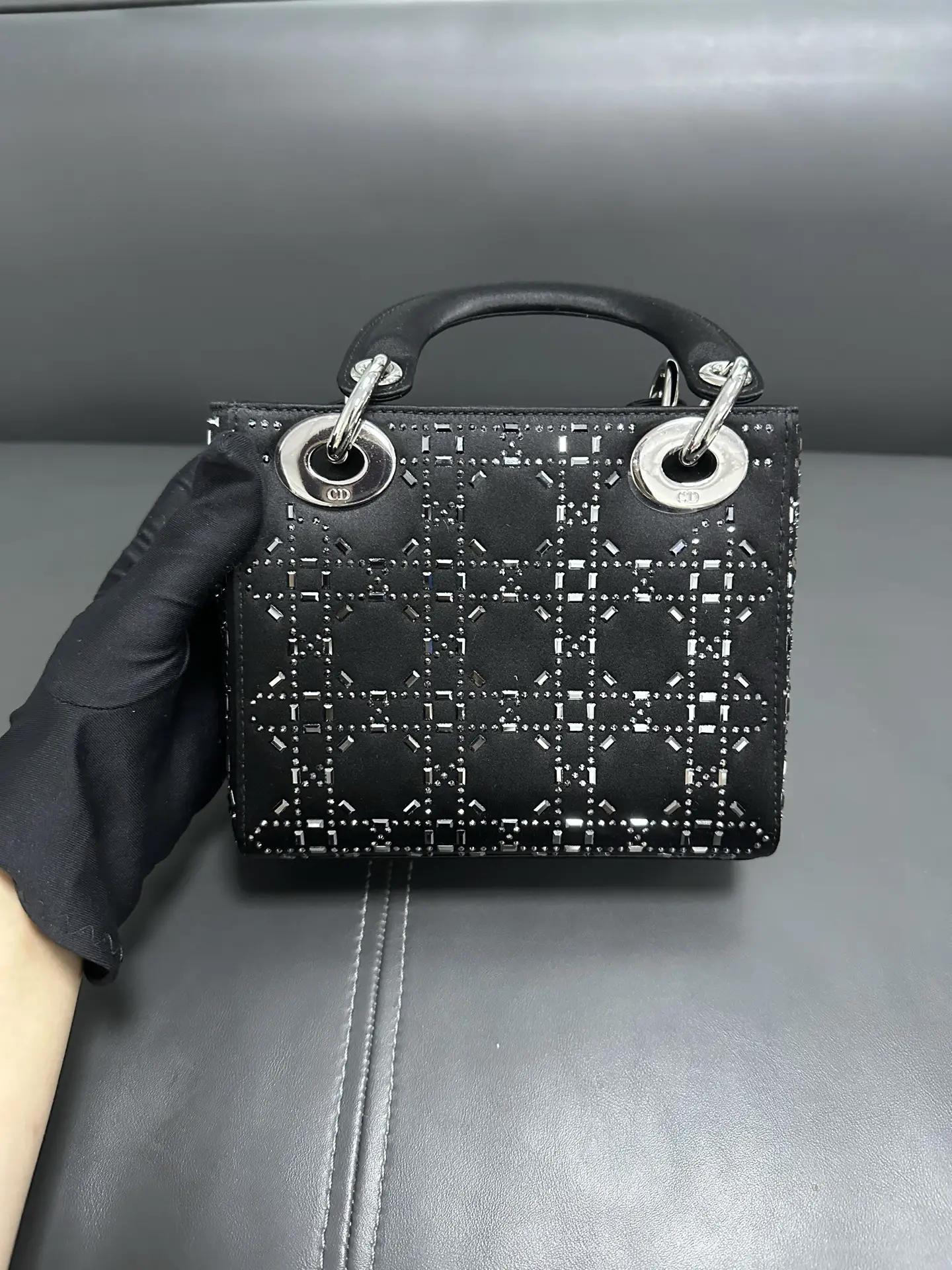 DIOR Mini Lady Dior Bag in Black Satin with Crystals DIOR Mini Lady Dior Bag in Black Satin with Crystals