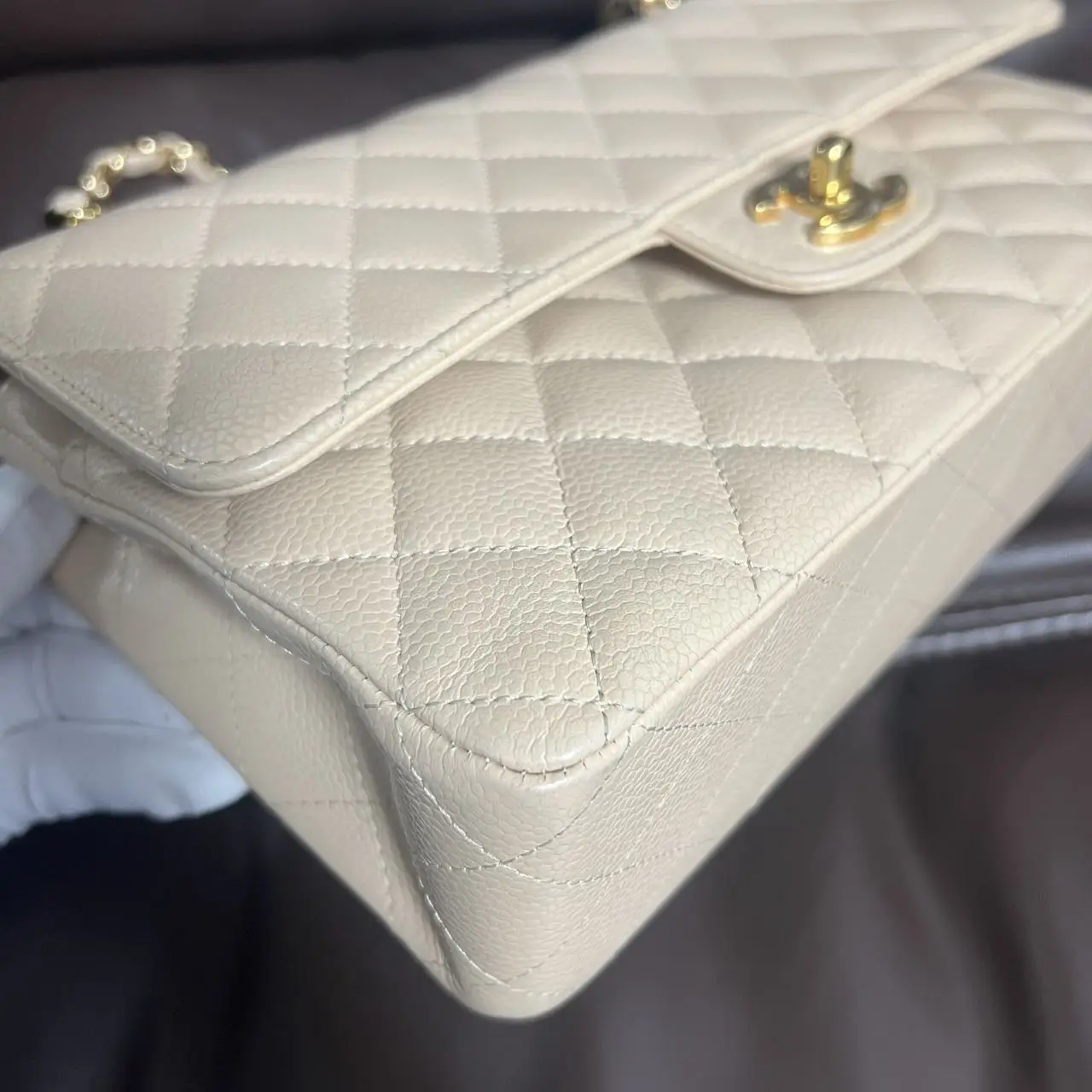 CHANEL Classic Flap Bag Beige Medium Caviar Leather CHANEL Classic Flap Bag Beige Medium Caviar Leather