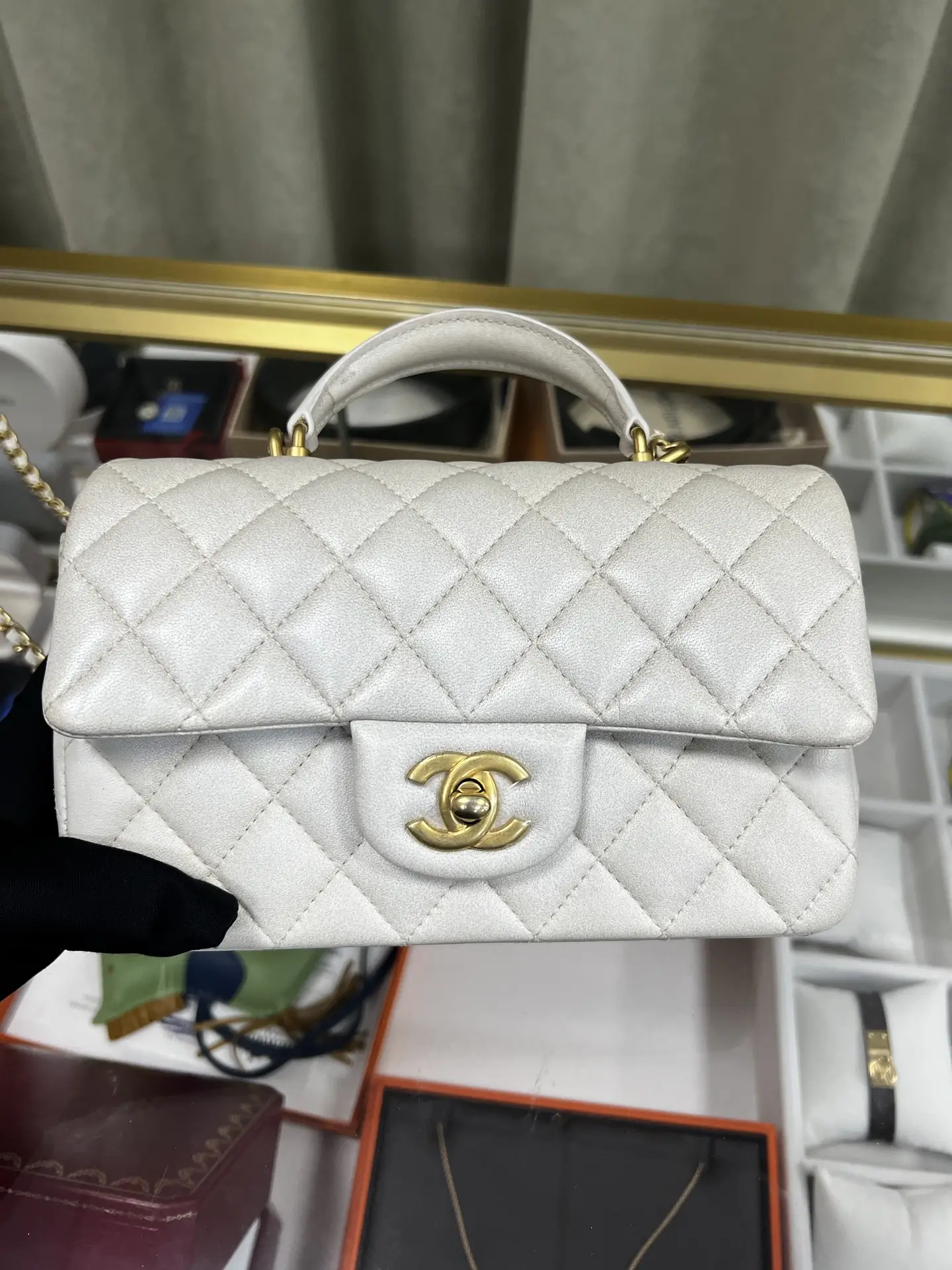 Chanel Mini Rectangular Classic Top Handle Flap Bag White Lambskin Chanel Mini Rectangular Classic Top Handle Flap Bag White Lambskin