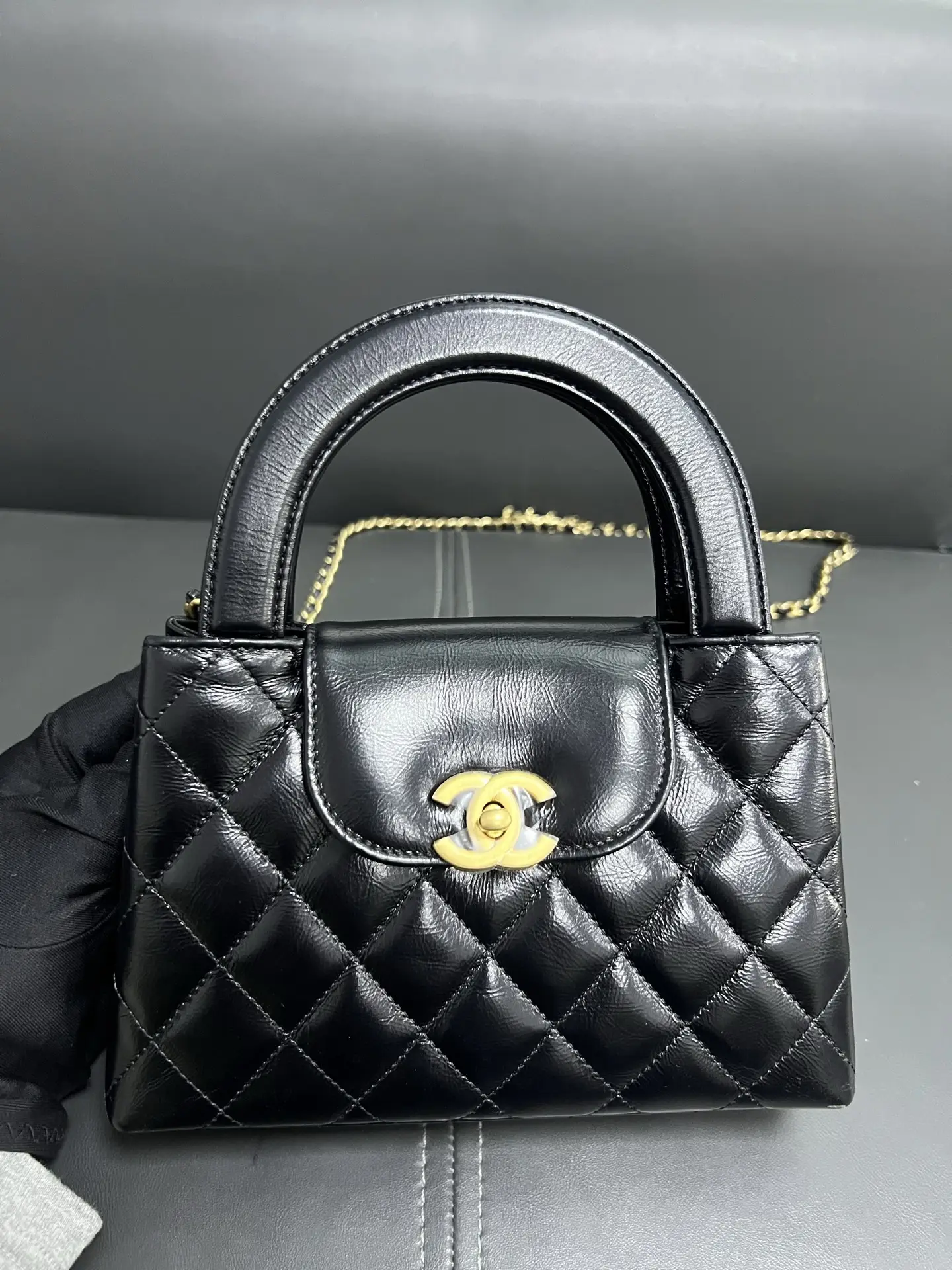 CHANEL Black Quilted Aged Calfskin Nano Kelly Bag Brushed Gold Hardware CHANEL Black Quilted Aged Calfskin Nano Kelly Bag Brushed Gold Hardware