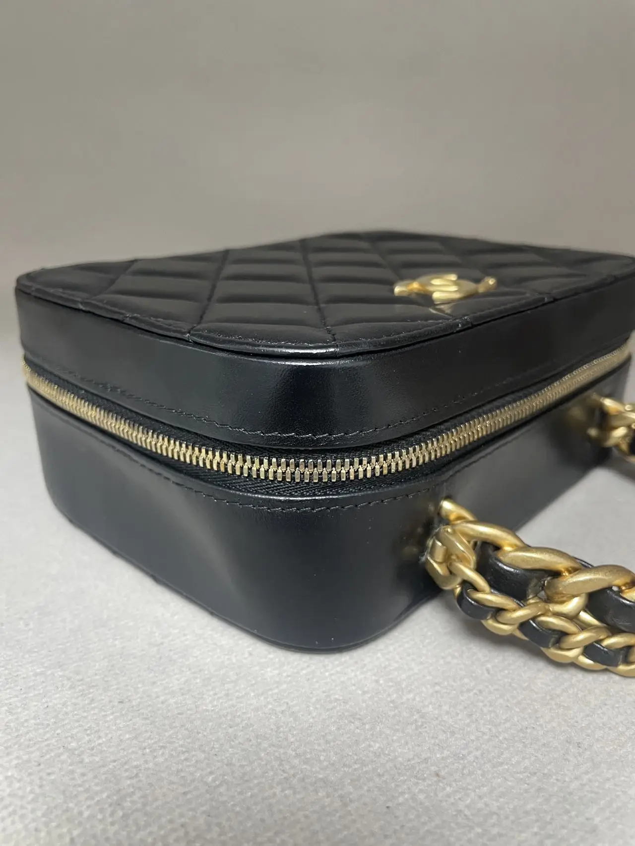 CHANEL Black Quilted Lambskin Vanity with Chain Brushed Gold Hardware CHANEL Black Quilted Lambskin Vanity with Chain Brushed Gold Hardware