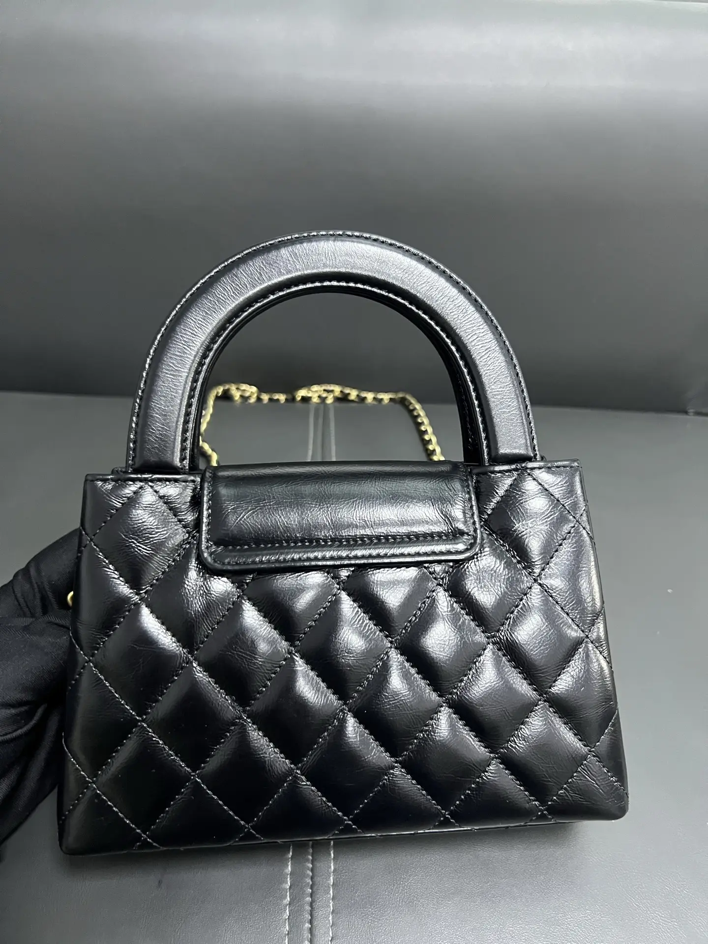 CHANEL Black Quilted Aged Calfskin Nano Kelly Bag Brushed Gold Hardware CHANEL Black Quilted Aged Calfskin Nano Kelly Bag Brushed Gold Hardware