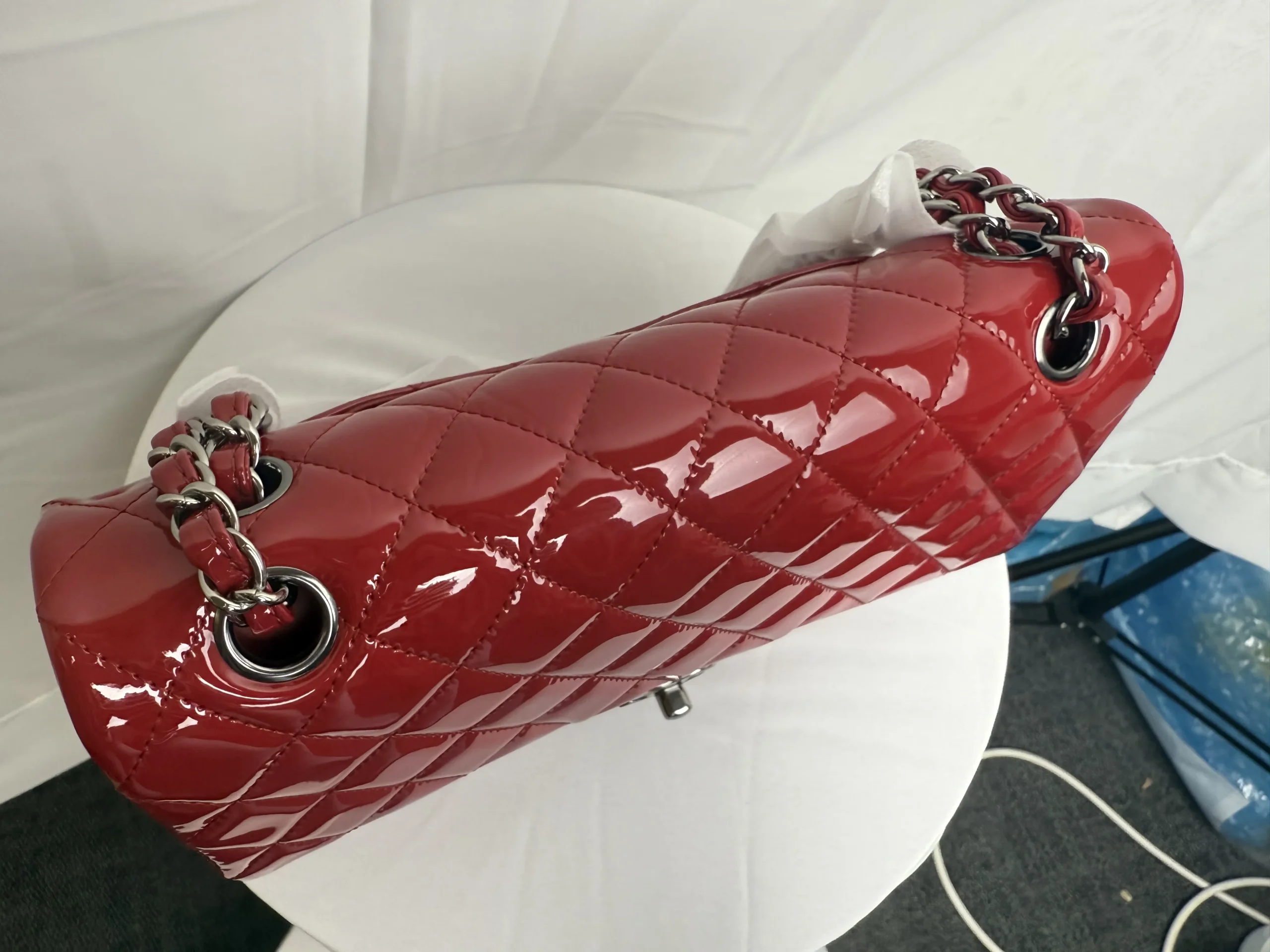 CHANEL Classic Flap Handbag Red Patent Leather New CHANEL Classic Flap Handbag Red Patent Leather New