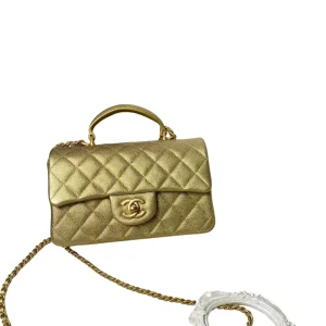 CHANEL Mini Rectangular Classic Top Handle Flap Bag Gold Lambskin
