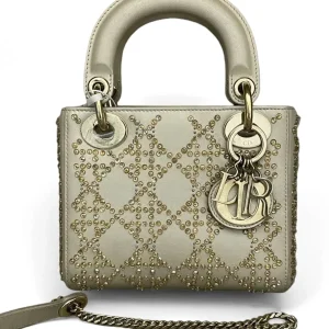 DIOR Lady Dior Mini Gold Calfskin Leather with Grystals Gold Hardware