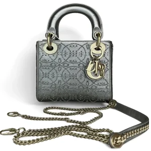 DIOR Lady Dior Mini Silver Grey Leather with Grystals Gold Hardware
