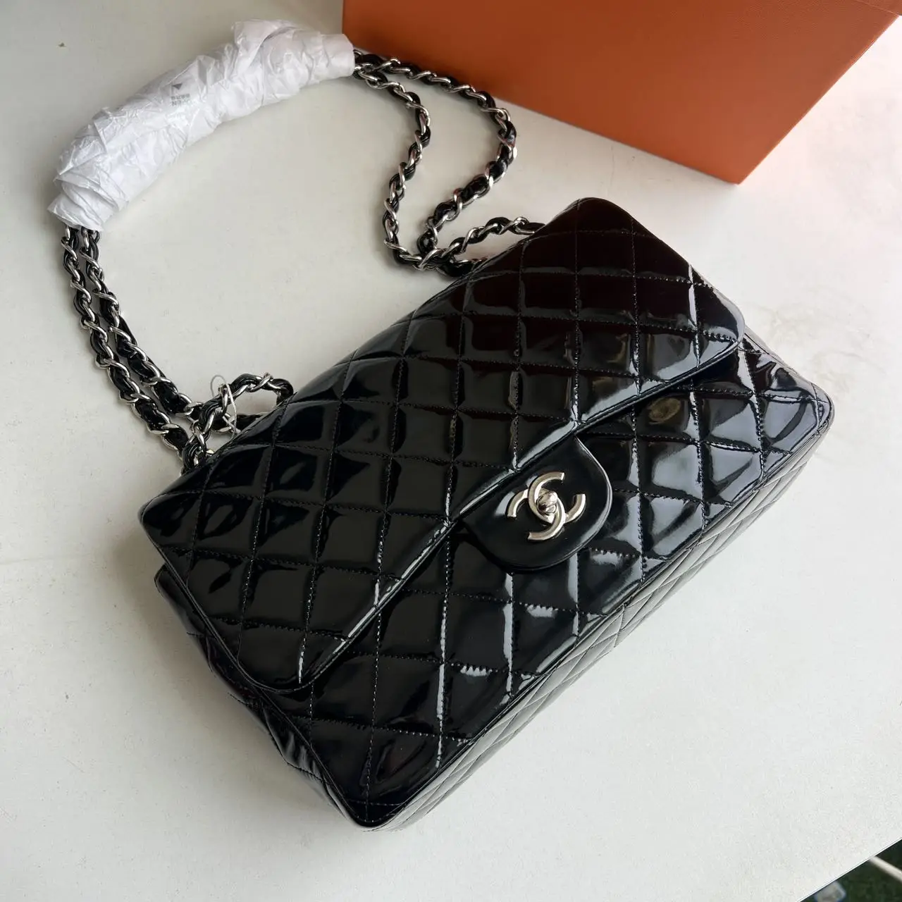 CHANEL Black Quilted Patent Leather Classic Jumbo Double Flap Bag CHANEL Black Quilted Patent Leather Classic Jumbo Double Flap Bag