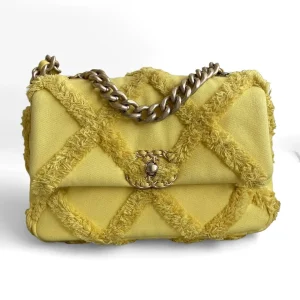 CHANEL 19 Small Bag Yellow Quilted Denim with Fringe