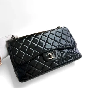 CHANEL Black Quilted Patent Leather Classic Jumbo Double Flap Bag