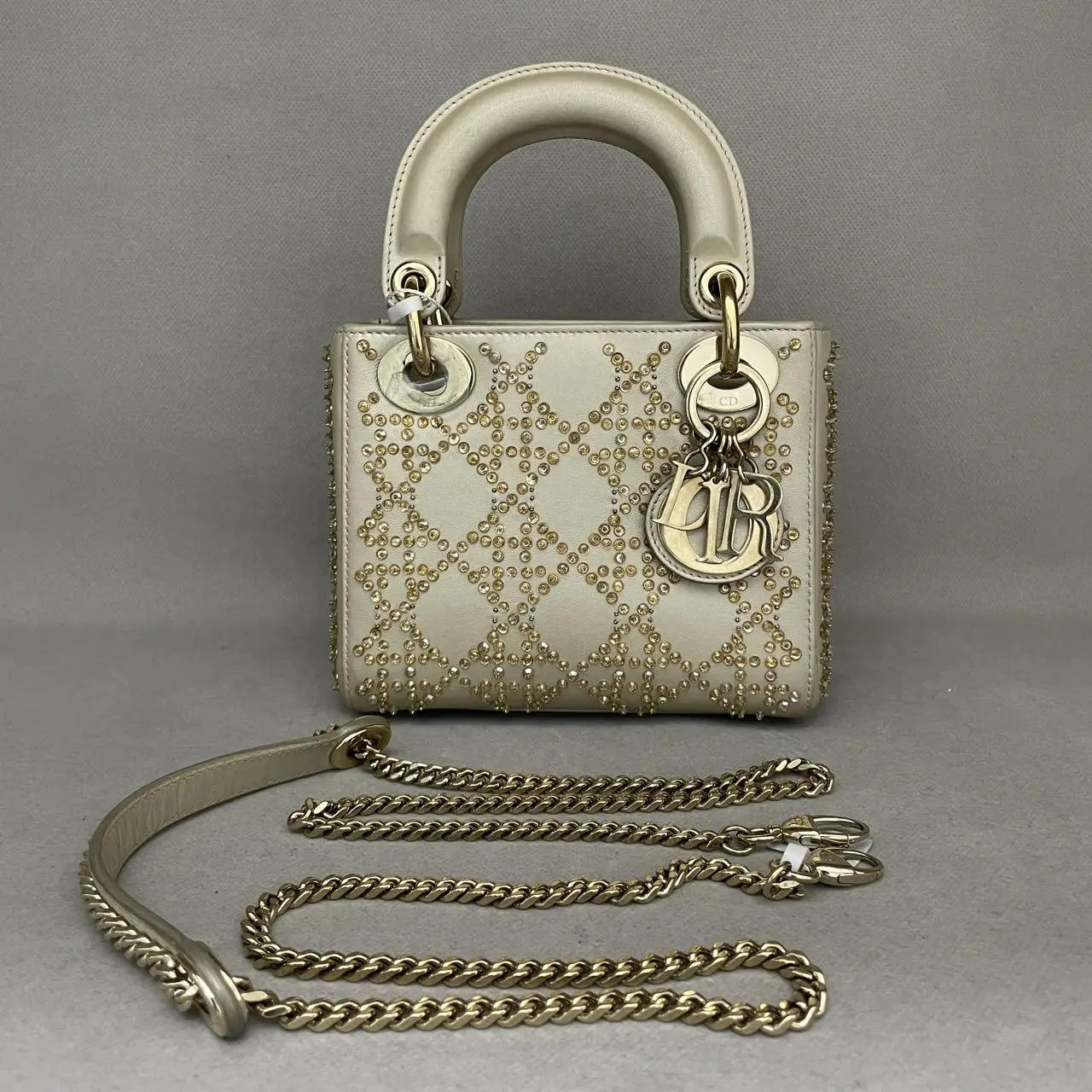 DIOR Lady Dior Mini Gold Calfskin Leather with Grystals Gold Hardware DIOR Lady Dior Mini Gold Calfskin Leather with Grystals Gold Hardware