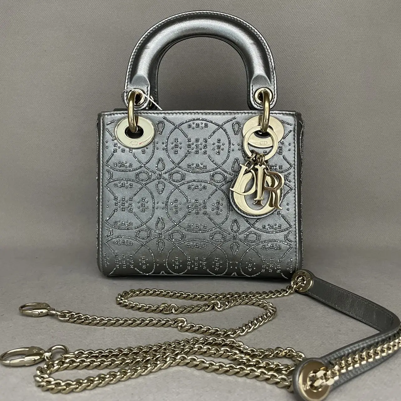DIOR Lady Dior Mini Silver Grey Leather with Grystals Gold Hardware DIOR Lady Dior Mini Silver Grey Leather with Grystals Gold Hardware