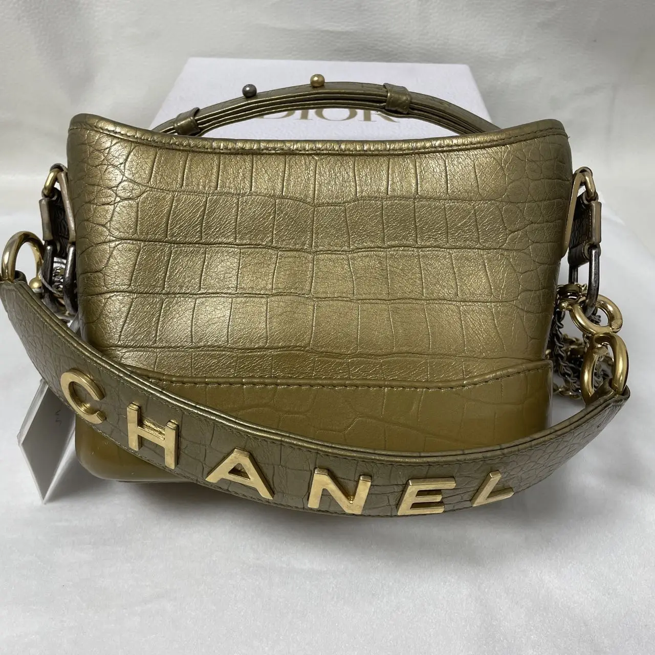 CHANEL Gabrielle Hobo Bag Gold Croc-Embossed Leather CHANEL Gabrielle Hobo Bag Gold Croc-Embossed Leather