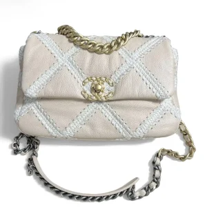 CHANEL Small 19 Bag Beige Quilted Calfskin Lace Trim Gold-Tone Hardware