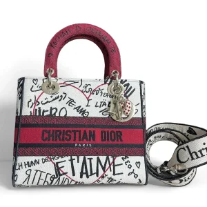 DIOR Medium Lady D-Lite Bag Red/White Embroidered Canvas with Heart