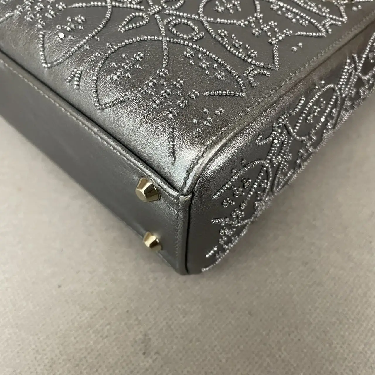 DIOR Lady Dior Mini Silver Grey Leather with Grystals Gold Hardware DIOR Lady Dior Mini Silver Grey Leather with Grystals Gold Hardware