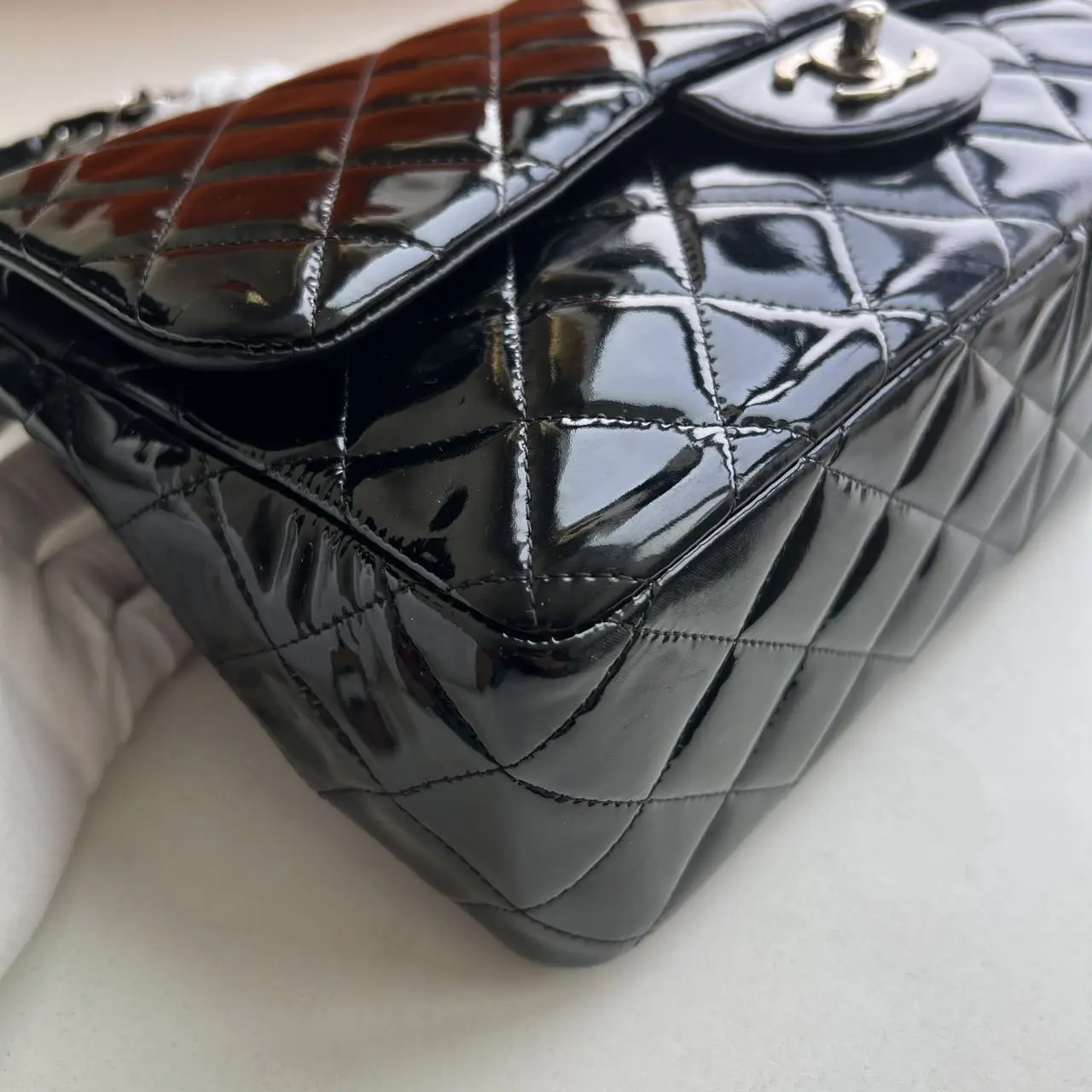 CHANEL Black Quilted Patent Leather Classic Jumbo Double Flap Bag CHANEL Black Quilted Patent Leather Classic Jumbo Double Flap Bag