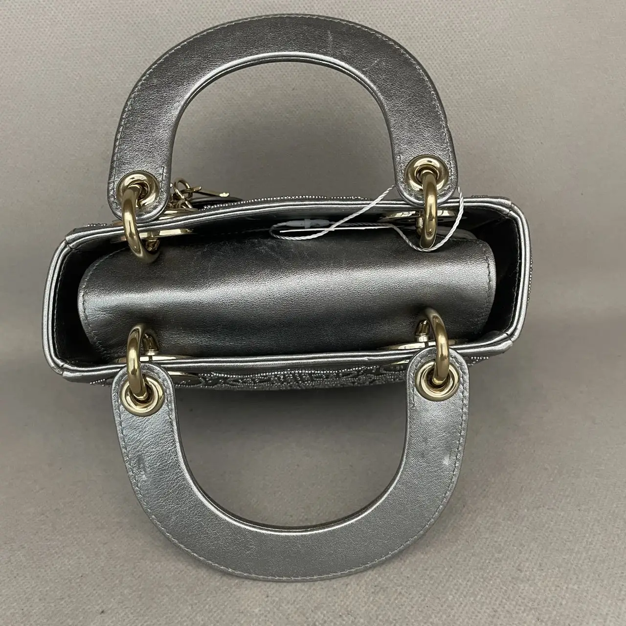 DIOR Lady Dior Mini Silver Grey Leather with Grystals Gold Hardware DIOR Lady Dior Mini Silver Grey Leather with Grystals Gold Hardware