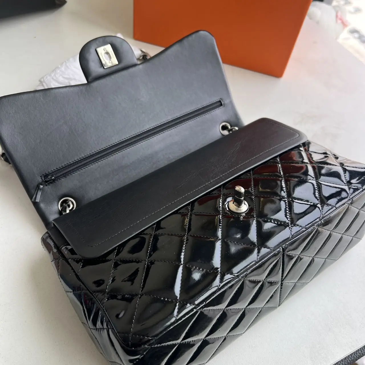 CHANEL Black Quilted Patent Leather Classic Jumbo Double Flap Bag CHANEL Black Quilted Patent Leather Classic Jumbo Double Flap Bag