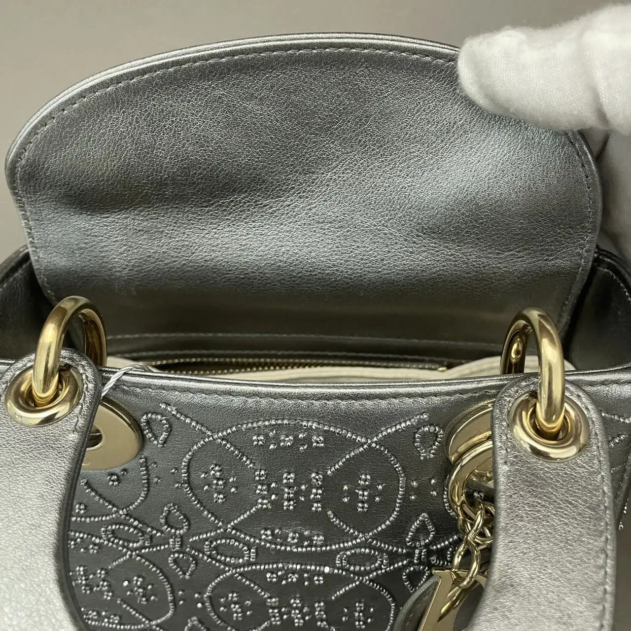 DIOR Lady Dior Mini Silver Grey Leather with Grystals Gold Hardware DIOR Lady Dior Mini Silver Grey Leather with Grystals Gold Hardware