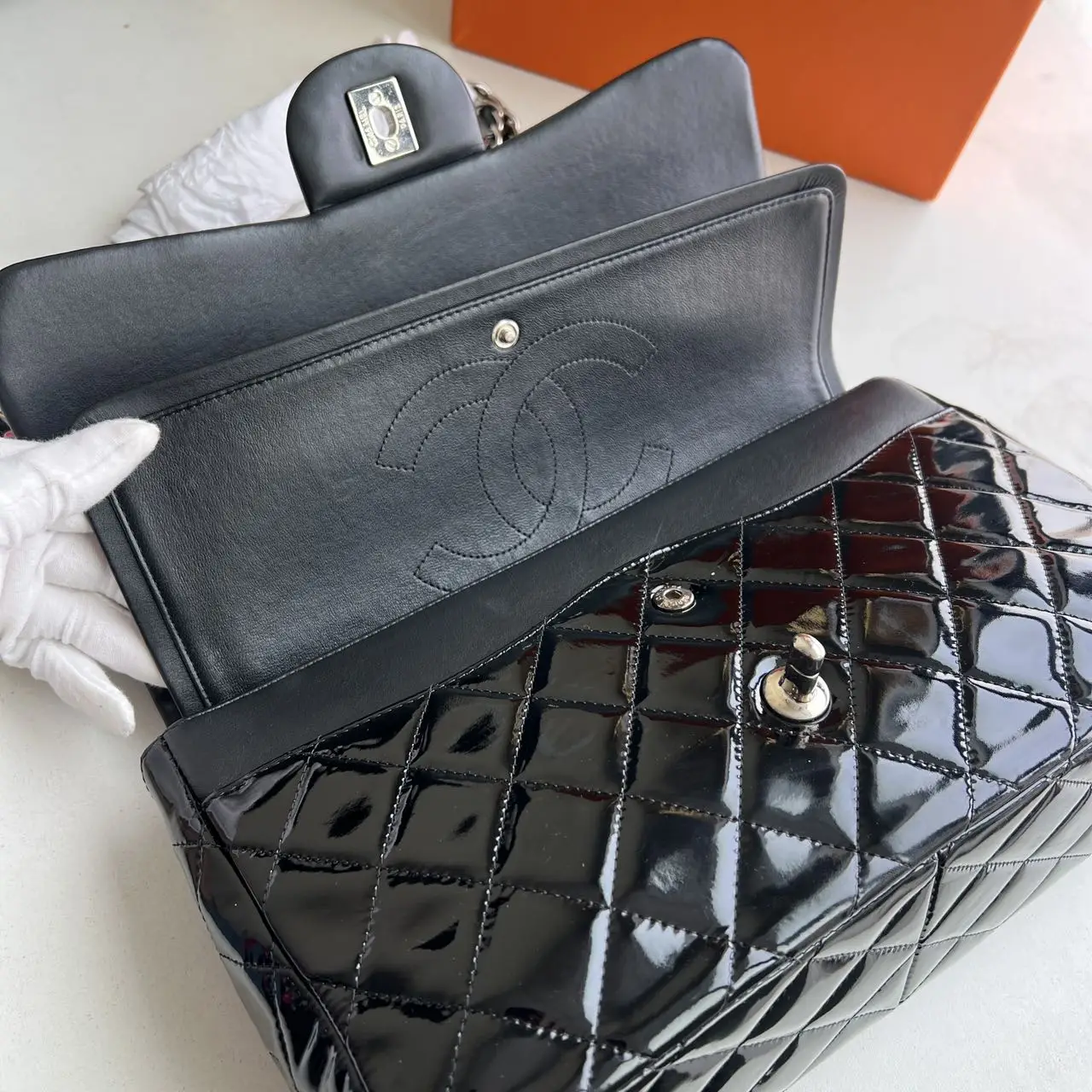 CHANEL Black Quilted Patent Leather Classic Jumbo Double Flap Bag CHANEL Black Quilted Patent Leather Classic Jumbo Double Flap Bag