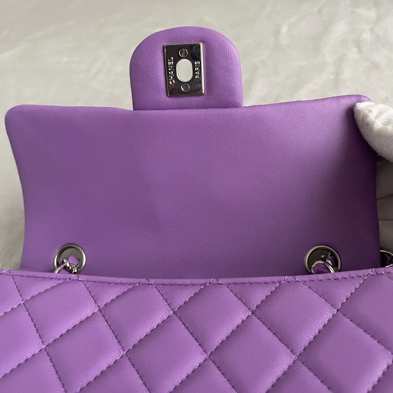 CHANEL Mini Classic Flap Bag in Purple Lambskin with Silver-Tone Hardware CHANEL Mini Classic Flap Bag in Purple Lambskin with Silver-Tone Hardware
