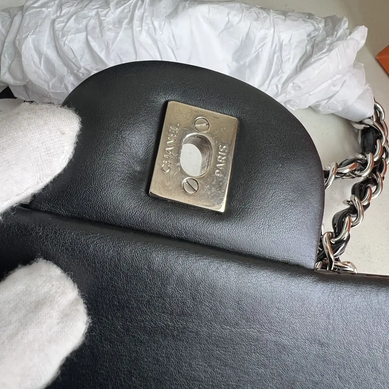 CHANEL Black Quilted Patent Leather Classic Jumbo Double Flap Bag CHANEL Black Quilted Patent Leather Classic Jumbo Double Flap Bag