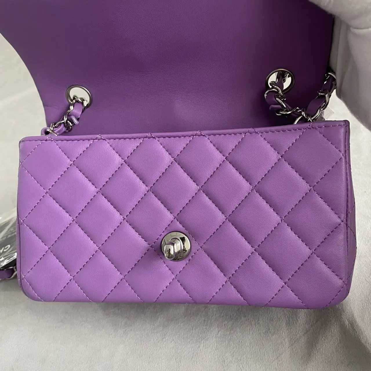 CHANEL Mini Classic Flap Bag in Purple Lambskin with Silver-Tone Hardware CHANEL Mini Classic Flap Bag in Purple Lambskin with Silver-Tone Hardware