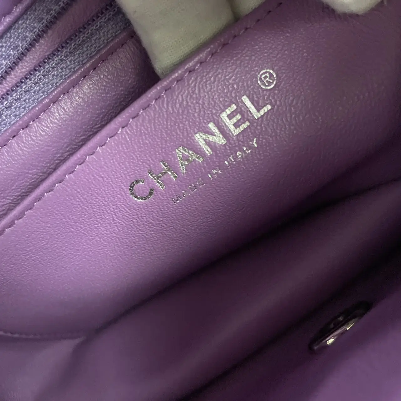 CHANEL Mini Classic Flap Bag in Purple Lambskin with Silver-Tone Hardware CHANEL Mini Classic Flap Bag in Purple Lambskin with Silver-Tone Hardware