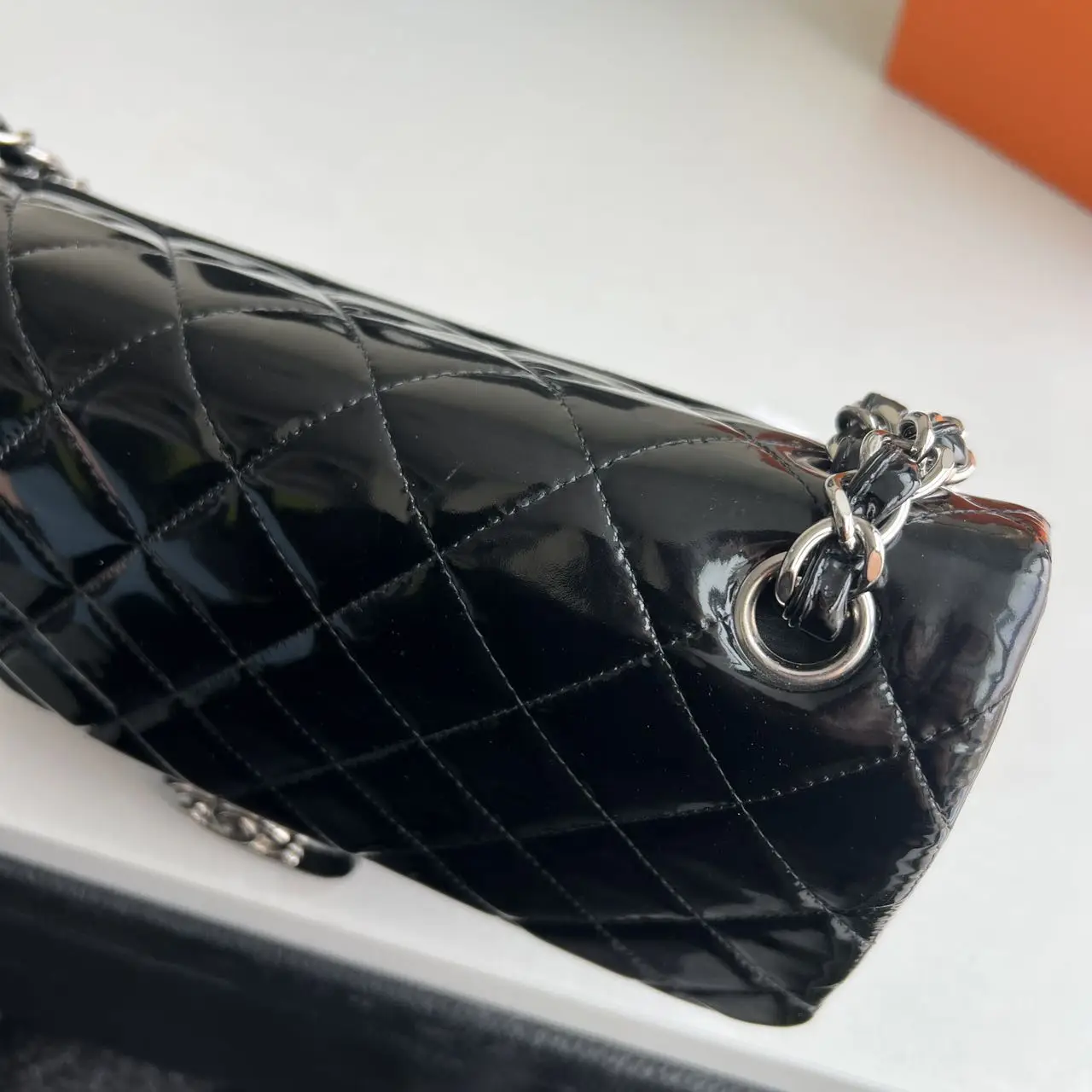 CHANEL Black Quilted Patent Leather Classic Jumbo Double Flap Bag CHANEL Black Quilted Patent Leather Classic Jumbo Double Flap Bag