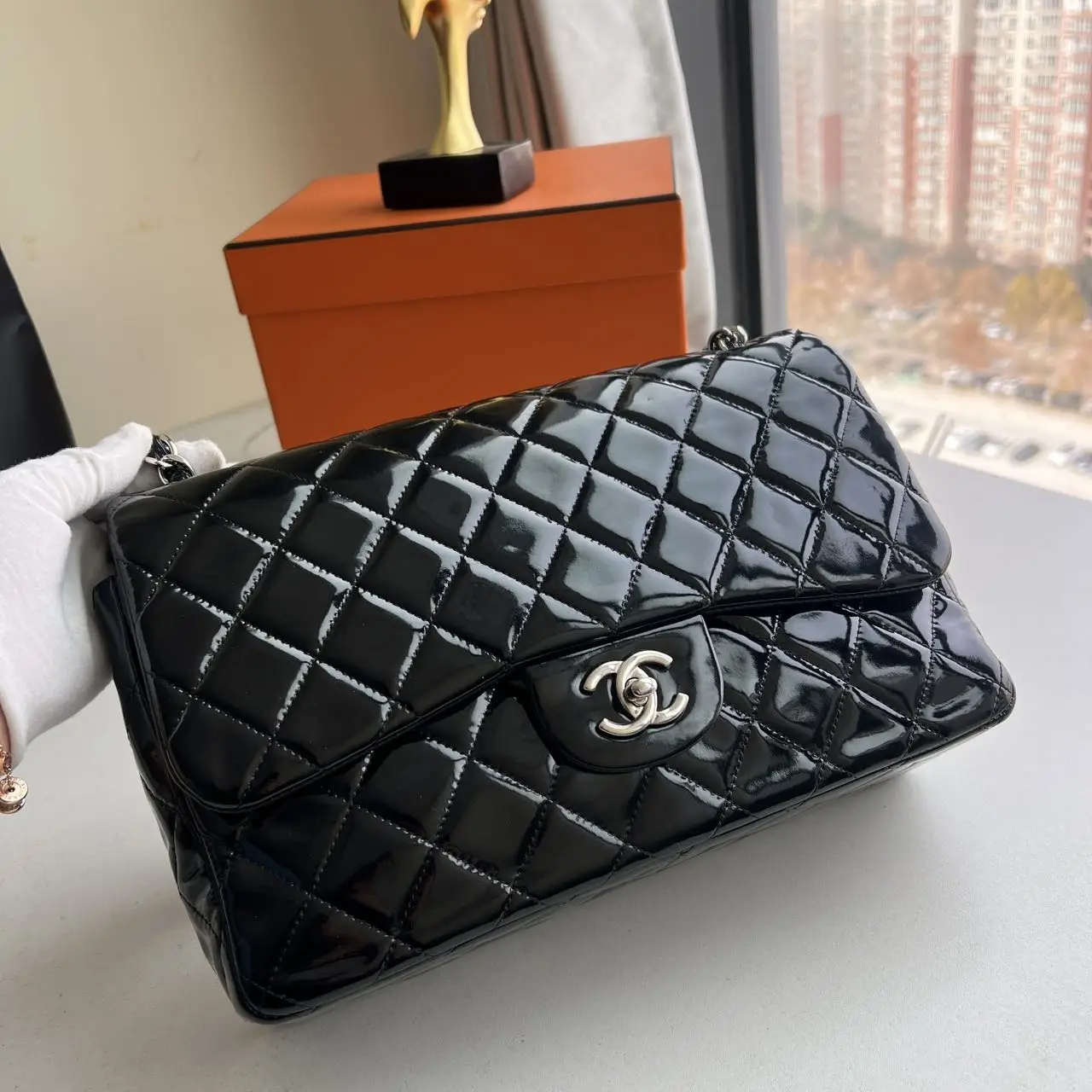 CHANEL Black Quilted Patent Leather Classic Jumbo Double Flap Bag CHANEL Black Quilted Patent Leather Classic Jumbo Double Flap Bag