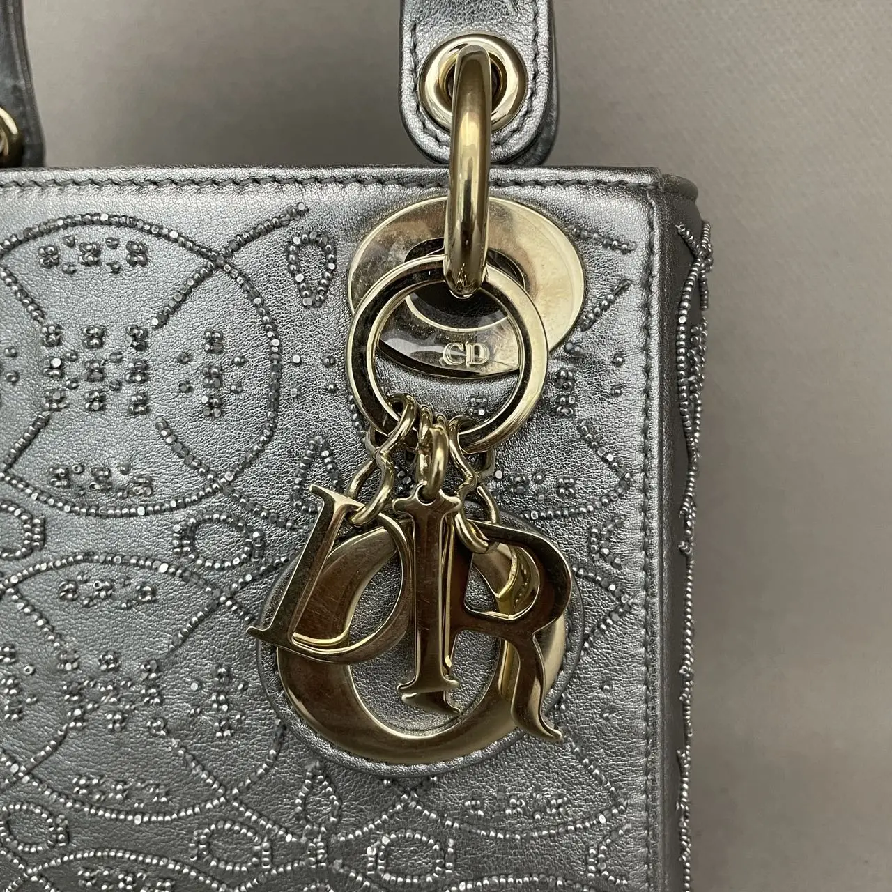 DIOR Lady Dior Mini Silver Grey Leather with Grystals Gold Hardware DIOR Lady Dior Mini Silver Grey Leather with Grystals Gold Hardware