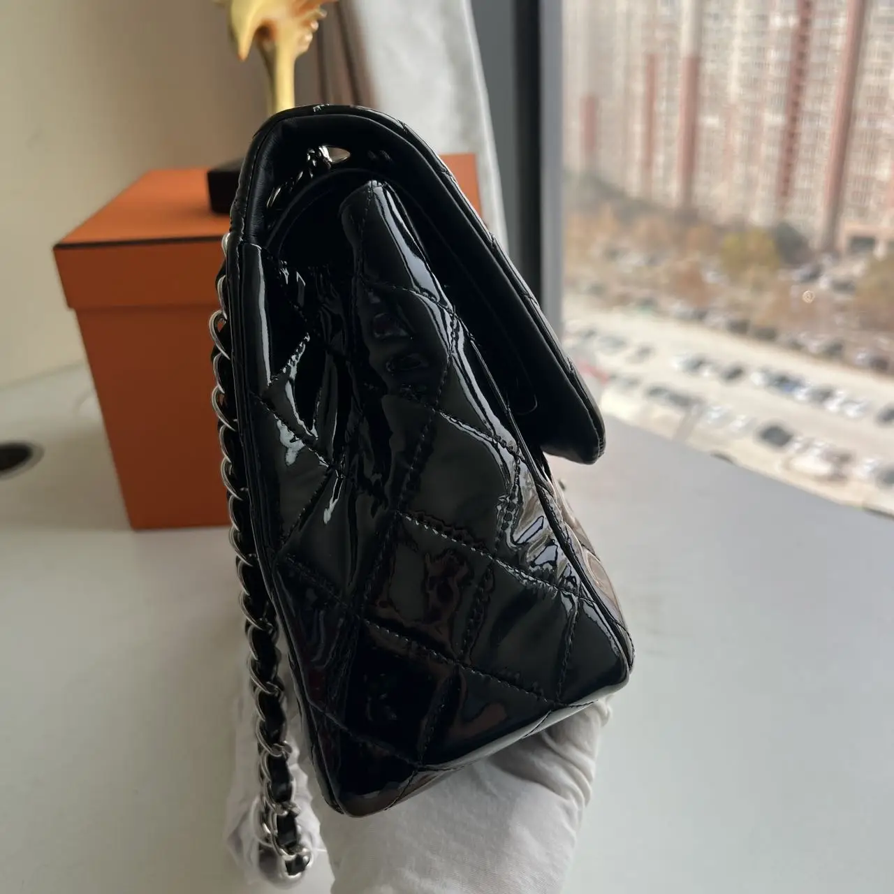 CHANEL Black Quilted Patent Leather Classic Jumbo Double Flap Bag CHANEL Black Quilted Patent Leather Classic Jumbo Double Flap Bag