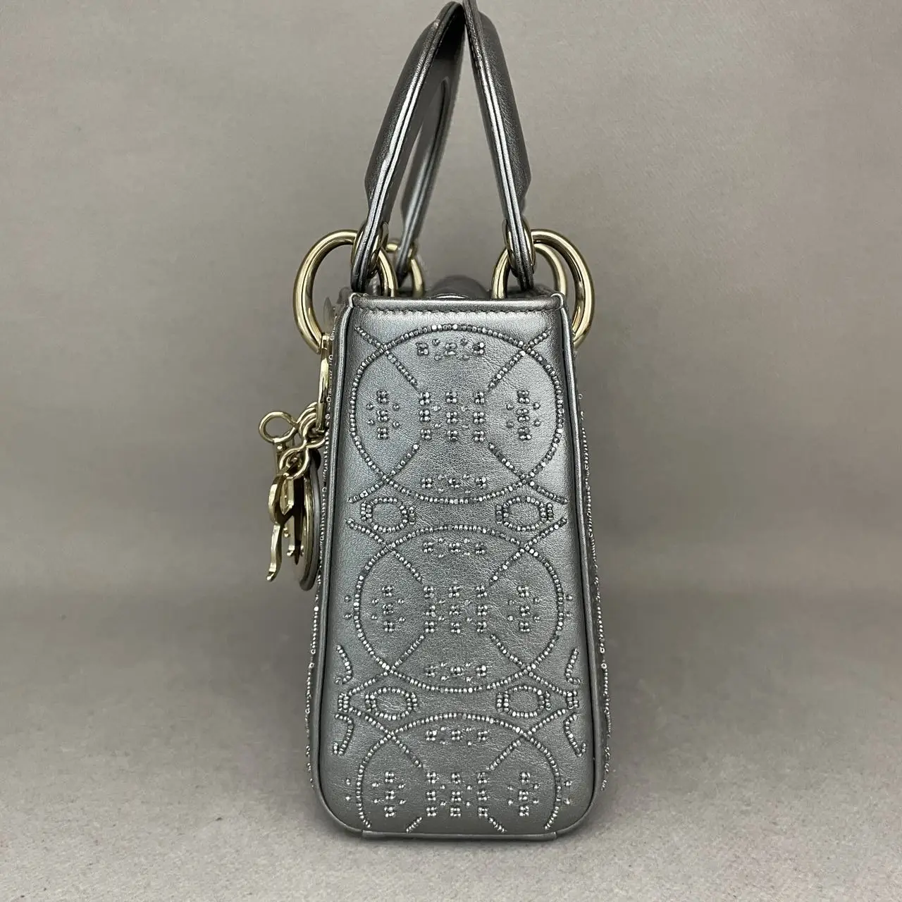 DIOR Lady Dior Mini Silver Grey Leather with Grystals Gold Hardware DIOR Lady Dior Mini Silver Grey Leather with Grystals Gold Hardware