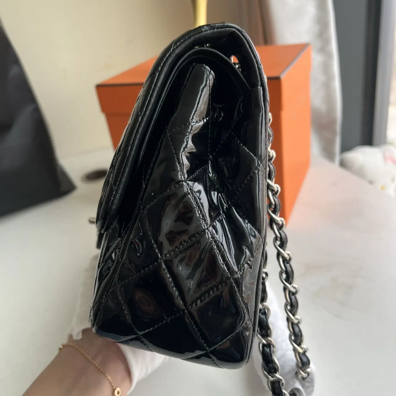 CHANEL Black Quilted Patent Leather Classic Jumbo Double Flap Bag CHANEL Black Quilted Patent Leather Classic Jumbo Double Flap Bag