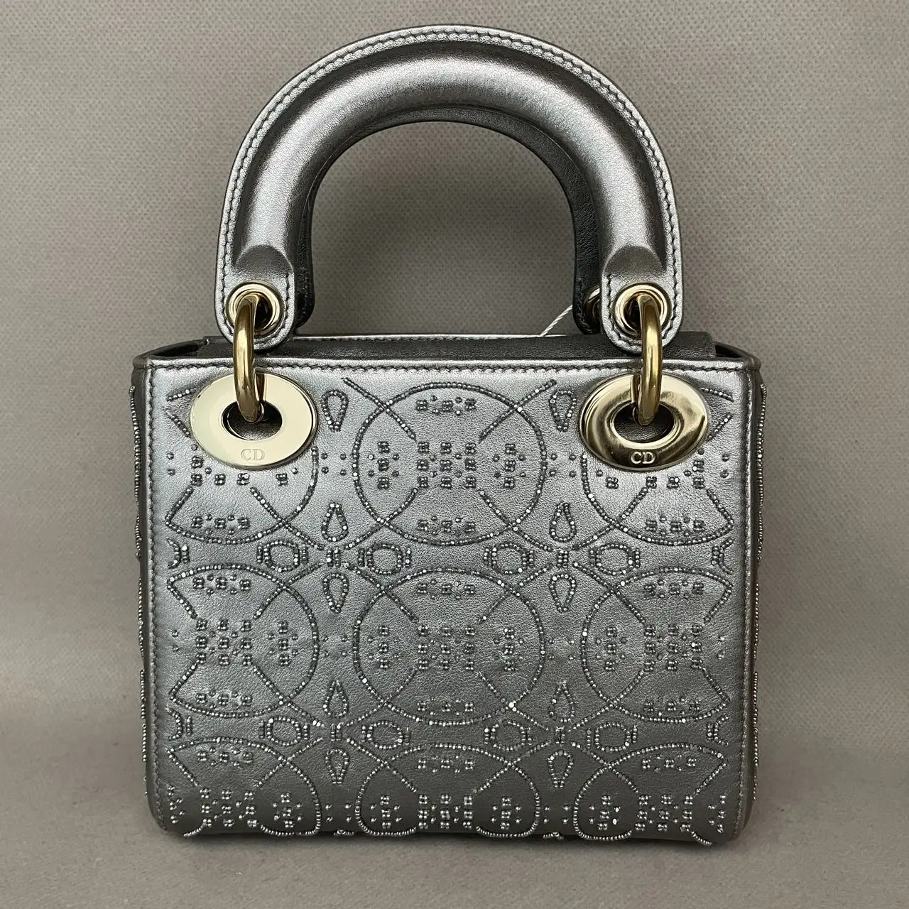 DIOR Lady Dior Mini Silver Grey Leather with Grystals Gold Hardware DIOR Lady Dior Mini Silver Grey Leather with Grystals Gold Hardware